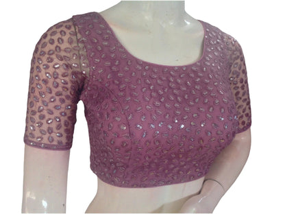 Dusty Pink Embroidered Netted Readymade Saree Blouse - D3blouses