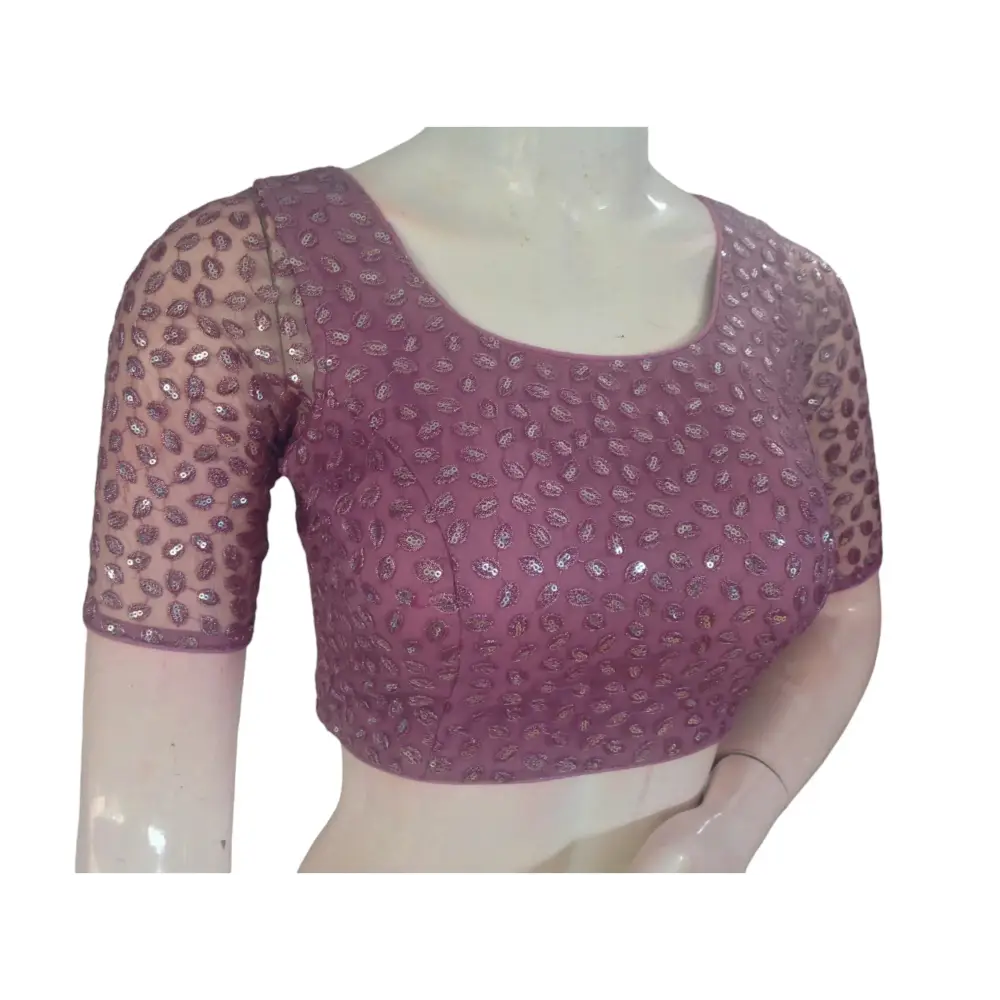Dusty Pink Embroidered Netted Readymade Saree Blouse - D3blouses