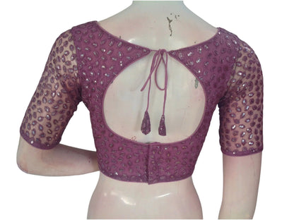 Dusty Pink Embroidered Netted Readymade Saree Blouse - D3blouses