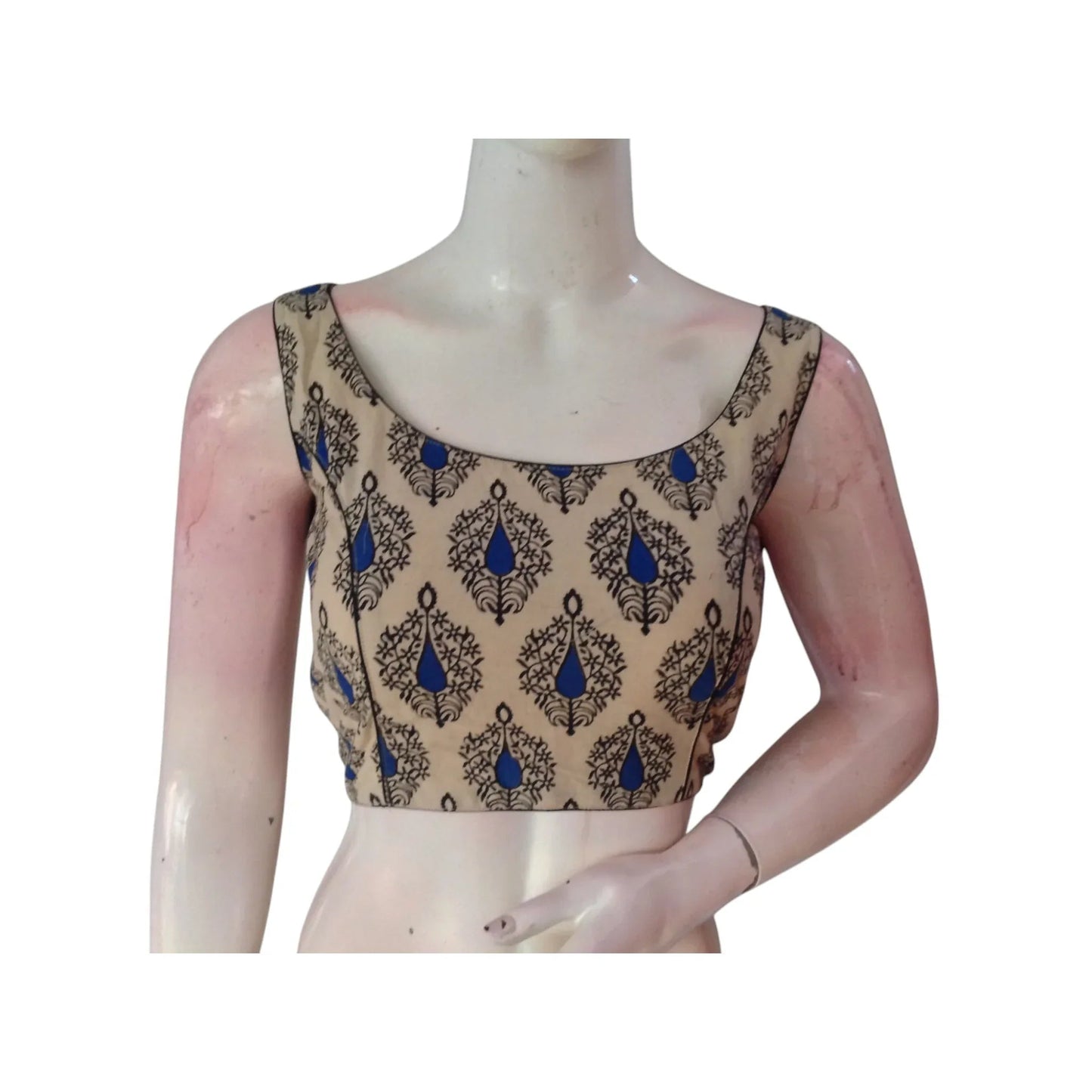 Earthen Elegance: Beige Color Kalamkari Sleeveless Readymade Saree Blouse - D3blouses