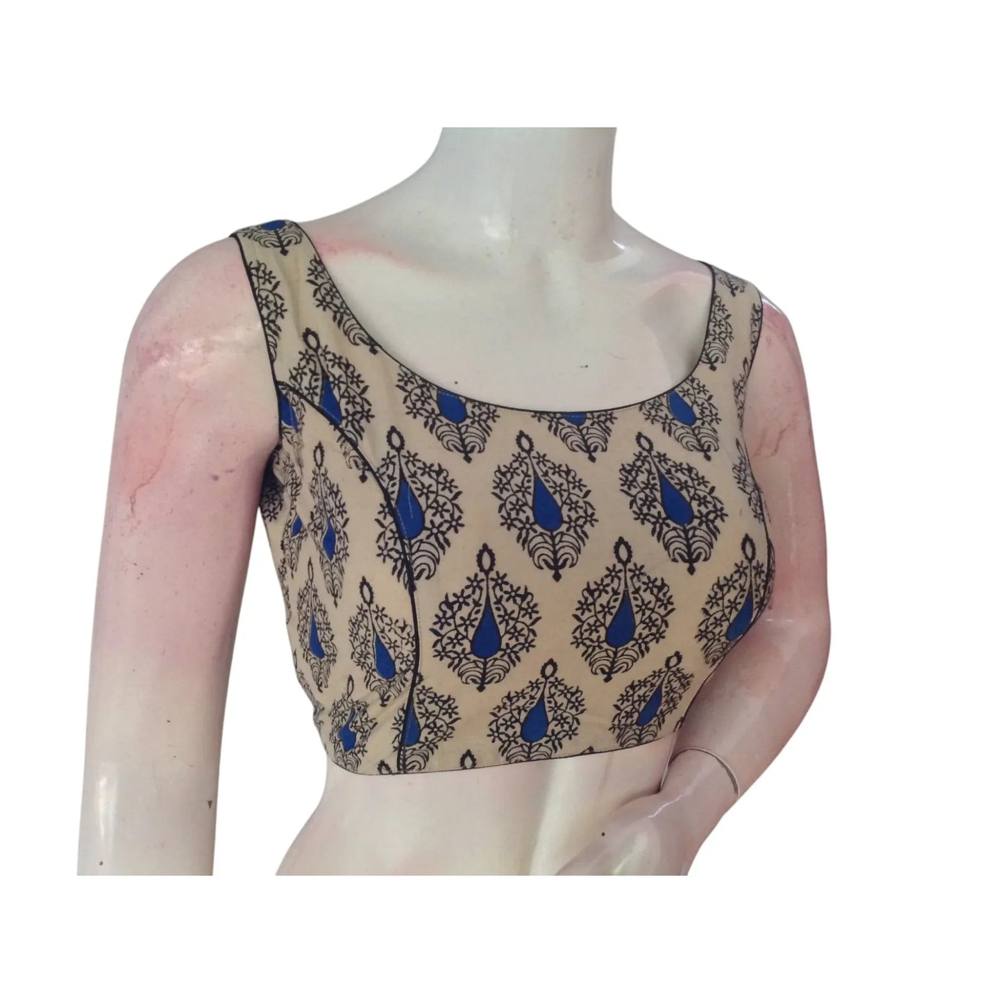 Earthen Elegance: Beige Color Kalamkari Sleeveless Readymade Saree Blouse - D3blouses