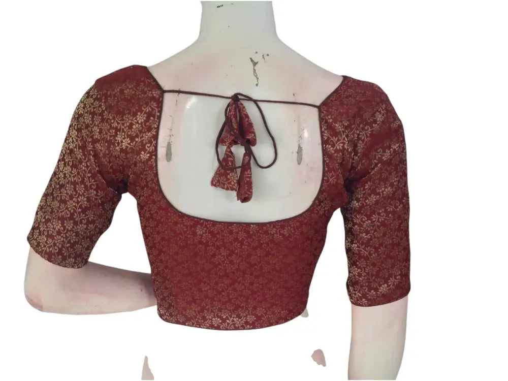 Earthy Elegance: Brown Color Brocade Silk Readymade Saree Blouse - D3blouses