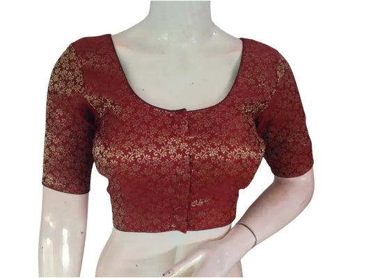 Earthy Elegance: Brown Color Brocade Silk Readymade Saree Blouse - D3blouses