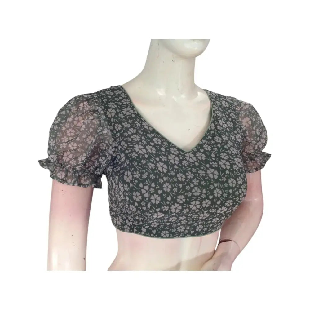 Earthy Elegance: Olive Green Designer Organza Puff Sleeve Blouse - D3blouses