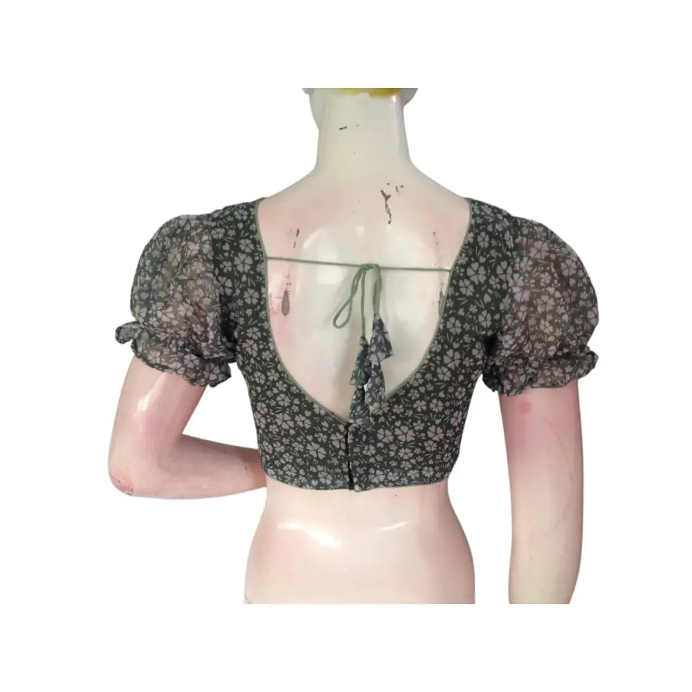 Earthy Elegance: Olive Green Designer Organza Puff Sleeve Blouse - D3blouses