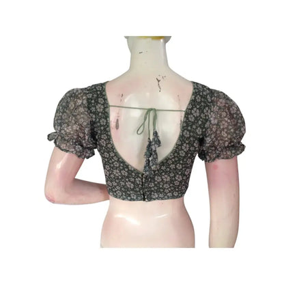 Earthy Elegance: Olive Green Designer Organza Puff Sleeve Blouse - D3blouses