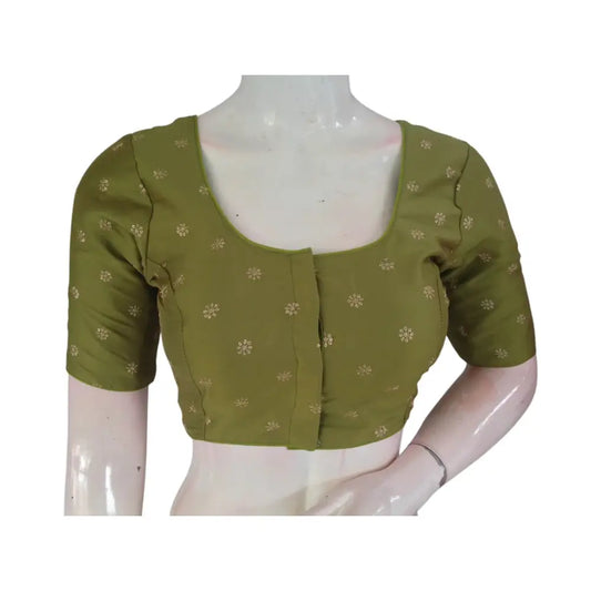 Earthy Elegance: Olive Green Semi-Silk Blouse with Intricate Embroidery - D3blouses