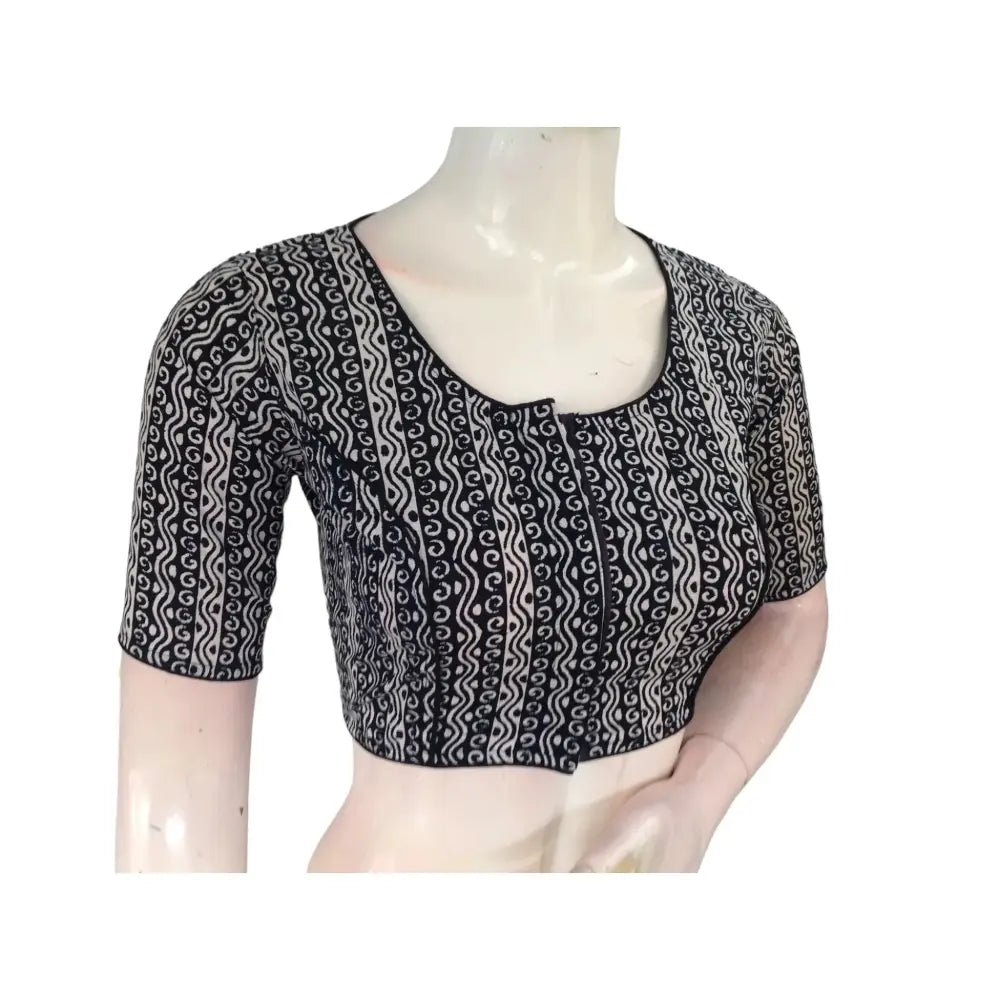 Ebony Elegance: Black High-Neck Cotton Saree Blouse - D3blouses