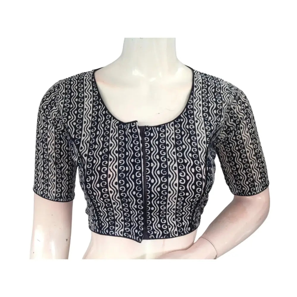 Ebony Elegance: Black High-Neck Cotton Saree Blouse - D3blouses