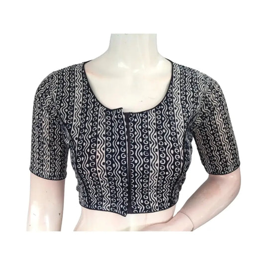 Ebony Elegance: Black High-Neck Cotton Saree Blouse - D3blouses