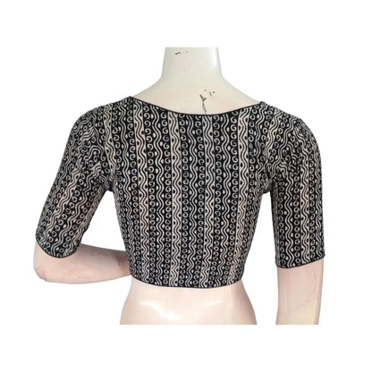 Ebony Elegance: Black High-Neck Cotton Saree Blouse - D3blouses