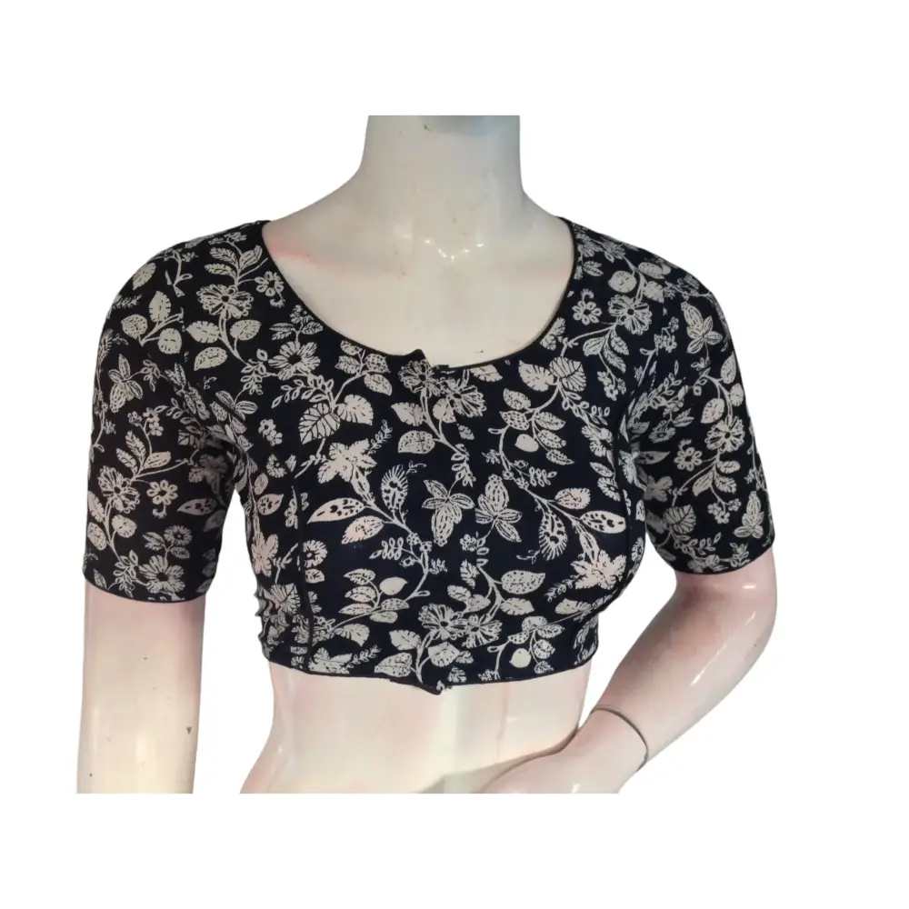 Ebony Elegance: Readymade Black Cotton Saree Blouse - D3blouses