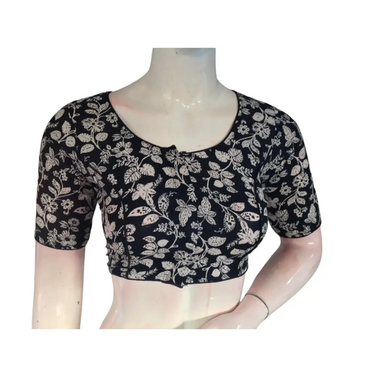 Ebony Elegance: Readymade Black Cotton Saree Blouse - D3blouses