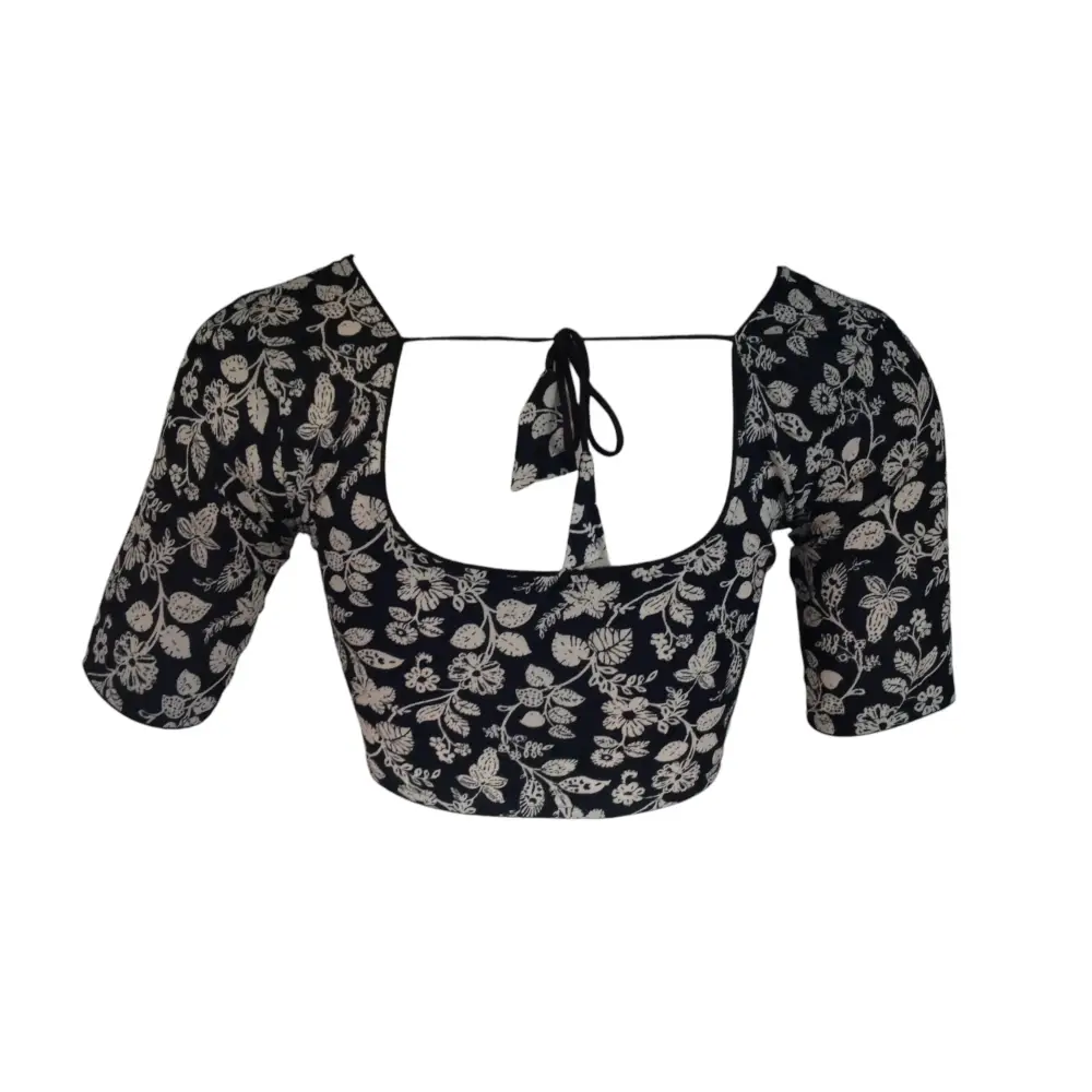 Ebony Elegance: Readymade Black Cotton Saree Blouse - D3blouses