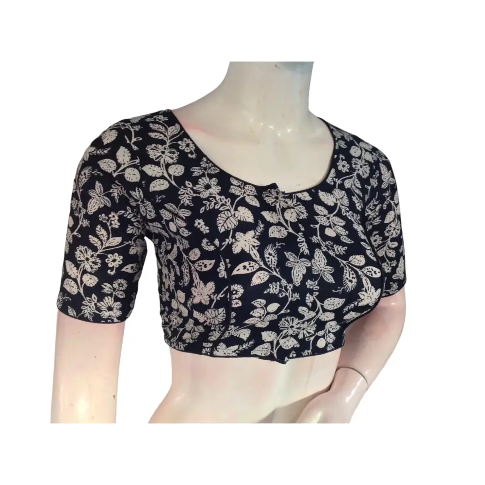 Ebony Elegance: Readymade Black Cotton Saree Blouse - D3blouses