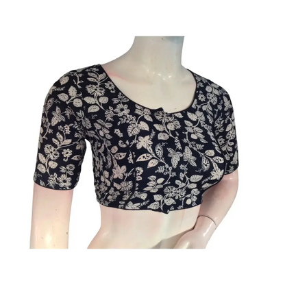 Ebony Elegance: Readymade Black Cotton Saree Blouse - D3blouses