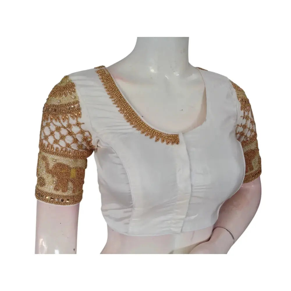 Effortless Chic: Aari Handwork Off-White Semi Silk Blouse for Weddings - D3blouses