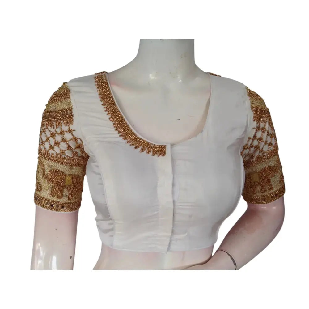 Effortless Chic: Aari Handwork Off-White Semi Silk Blouse for Weddings - D3blouses
