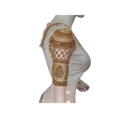 Effortless Chic: Aari Handwork Off-White Semi Silk Blouse for Weddings - D3blouses