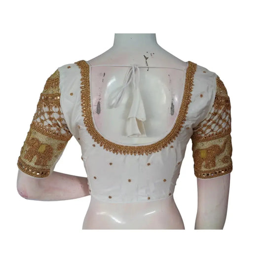 Effortless Chic: Aari Handwork Off-White Semi Silk Blouse for Weddings - D3blouses
