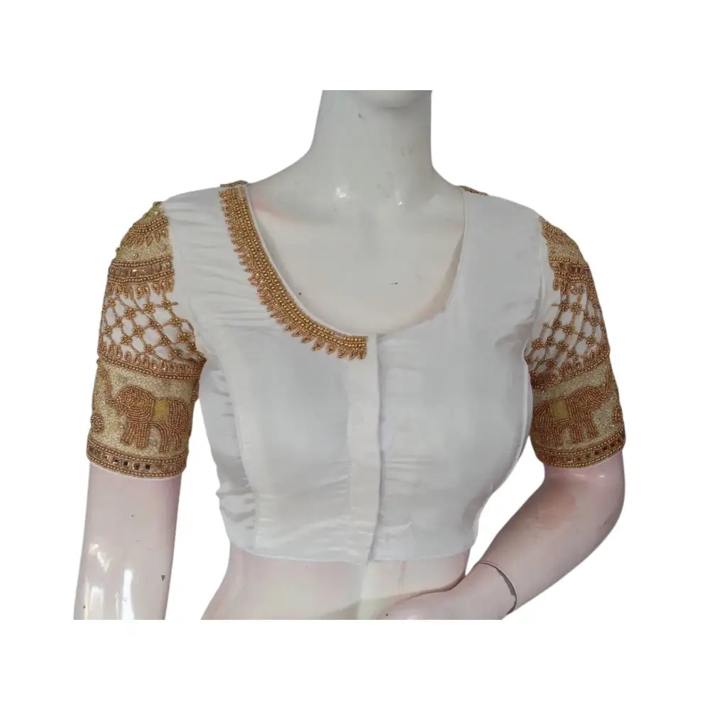 Effortless Chic: Aari Handwork Off-White Semi Silk Blouse for Weddings - D3blouses