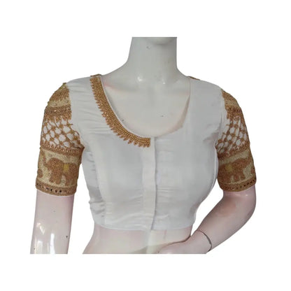 Effortless Chic: Aari Handwork Off-White Semi Silk Blouse for Weddings - D3blouses