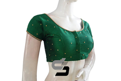 Effortless Elegance for Your Fashion Statement, Green Color Plain Moti Stone Readymade Blouse - D3blouses