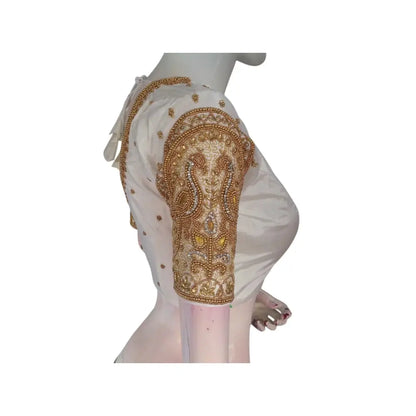 Effortlessly Elegant Off-White Silk Saree Blouse with Aari Handwork: A Wedding Dream - D3blouses