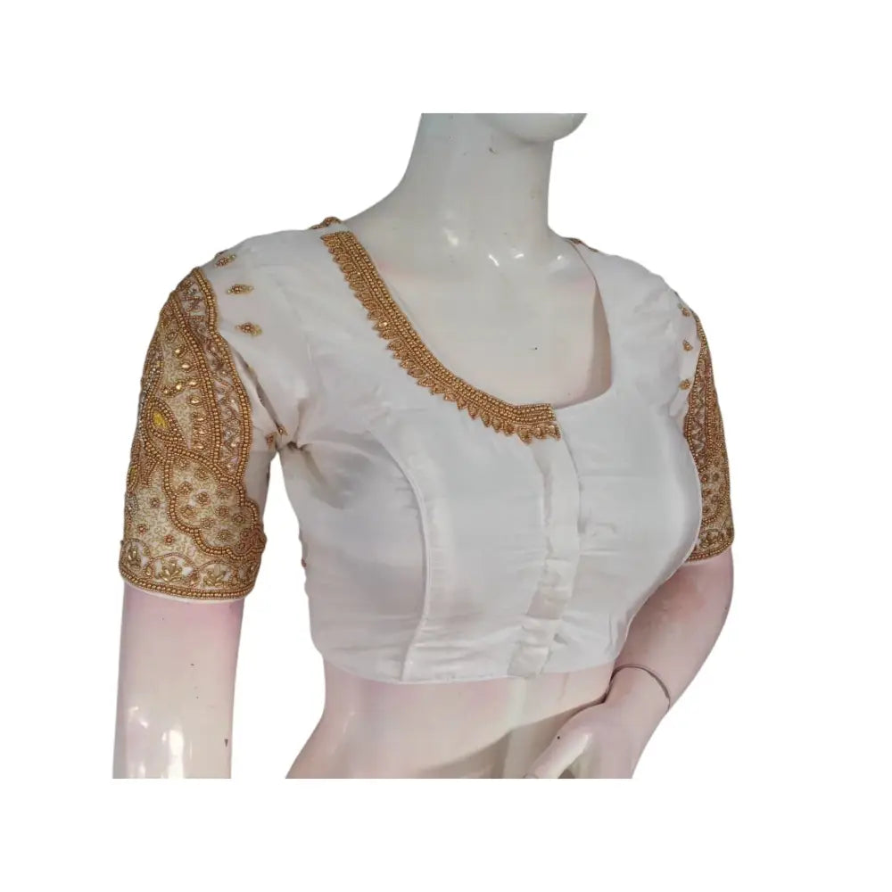 Effortlessly Elegant Off-White Silk Saree Blouse with Aari Handwork: A Wedding Dream - D3blouses
