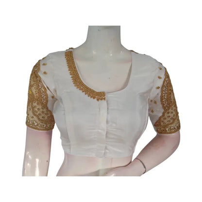 Effortlessly Elegant Off-White Silk Saree Blouse with Aari Handwork: A Wedding Dream - D3blouses