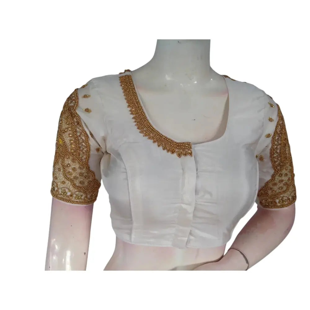 Effortlessly Elegant Off-White Silk Saree Blouse with Aari Handwork: A Wedding Dream - D3blouses