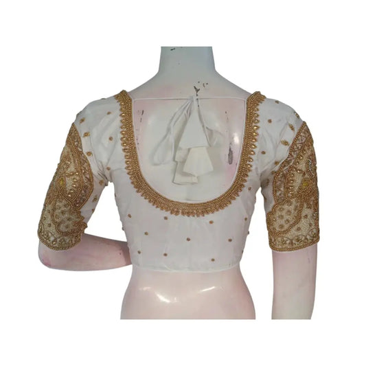 Effortlessly Elegant Off-White Silk Saree Blouse with Aari Handwork: A Wedding Dream - D3blouses