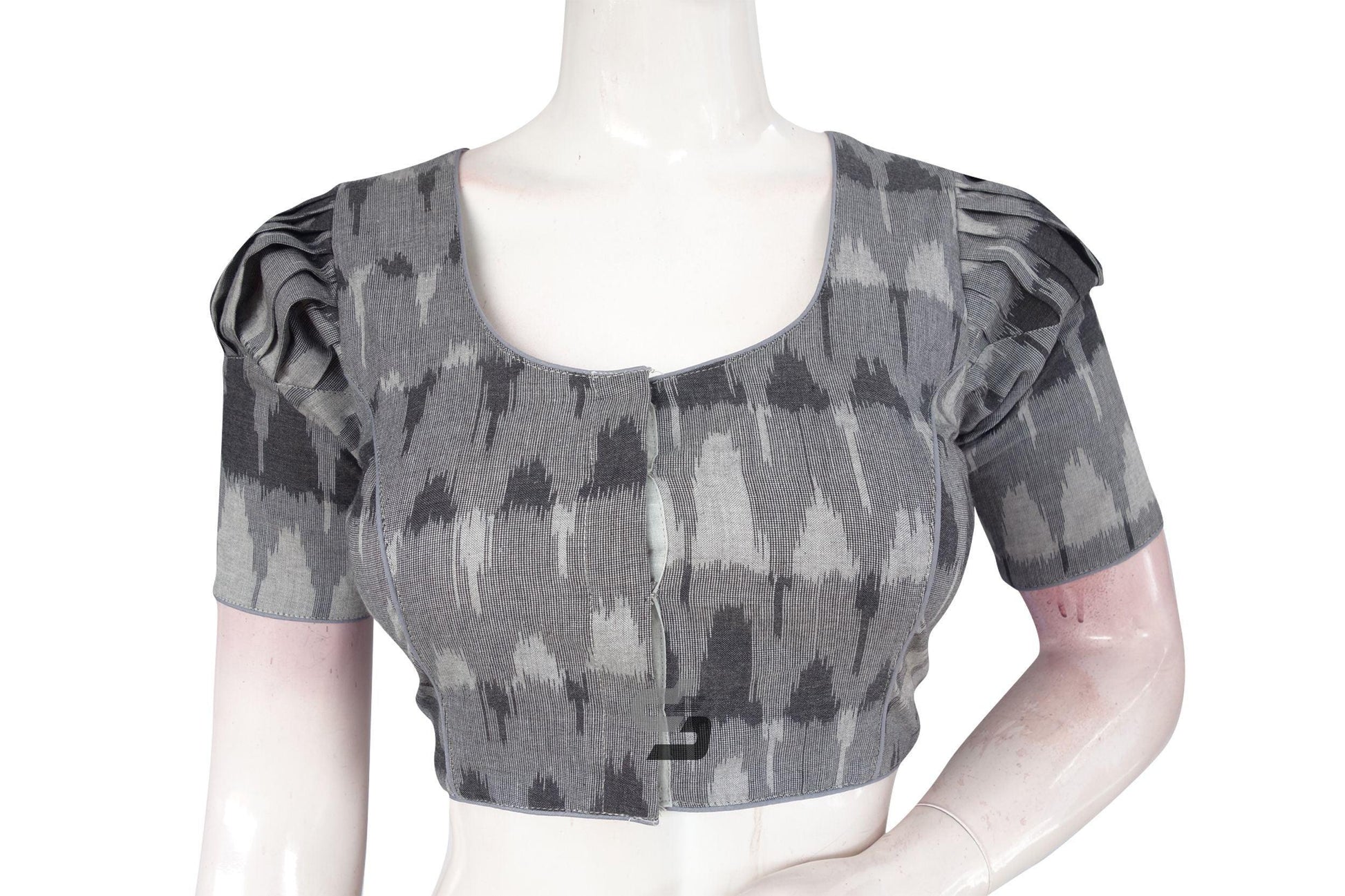 Elegance Defined, Grey Ikkat Cotton Designer Blouse with Puff Sleeves - D3blouses