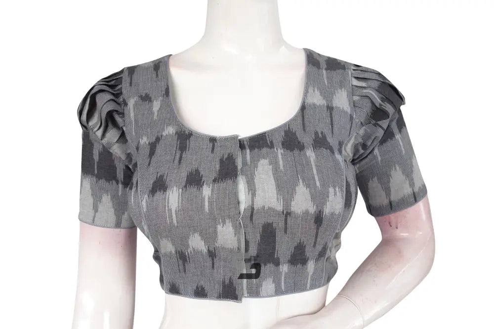 Elegance Defined, Grey Ikkat Cotton Designer Blouse with Puff Sleeves - D3blouses