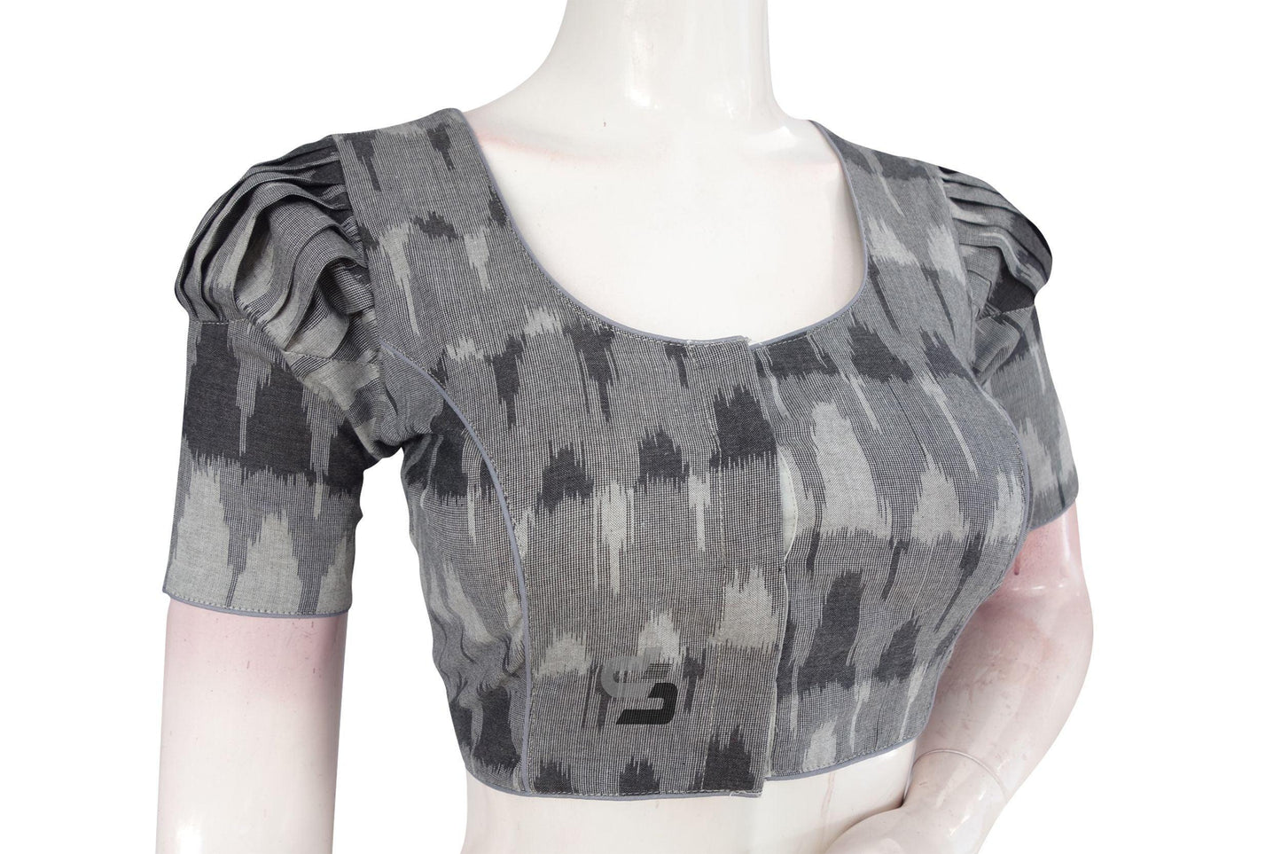 Elegance Defined, Grey Ikkat Cotton Designer Blouse with Puff Sleeves - D3blouses