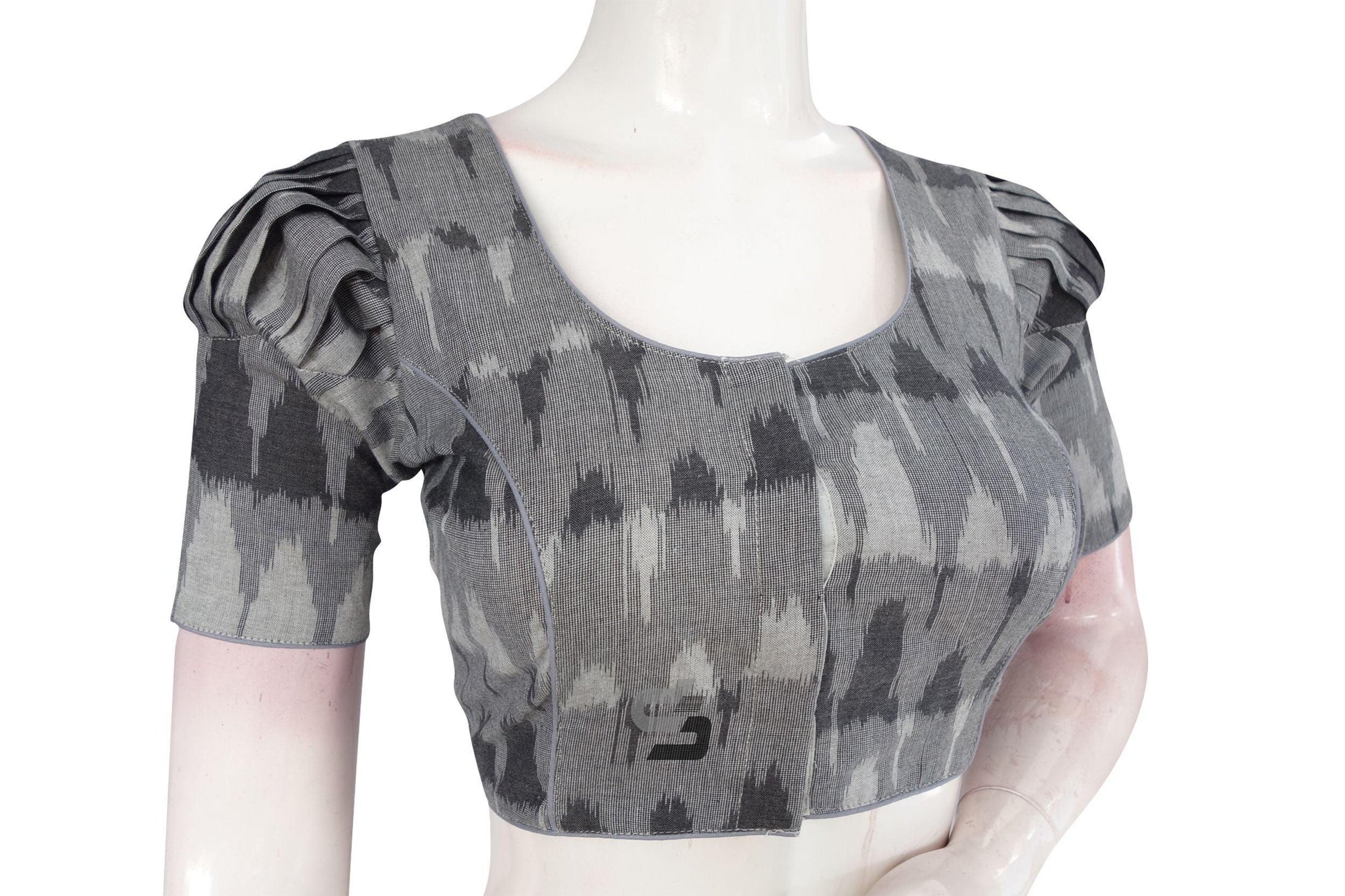Elegance Defined, Grey Ikkat Cotton Designer Blouse with Puff Sleeves - D3blouses