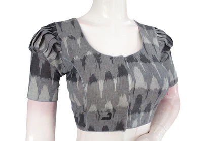 Elegance Defined, Grey Ikkat Cotton Designer Blouse with Puff Sleeves - D3blouses