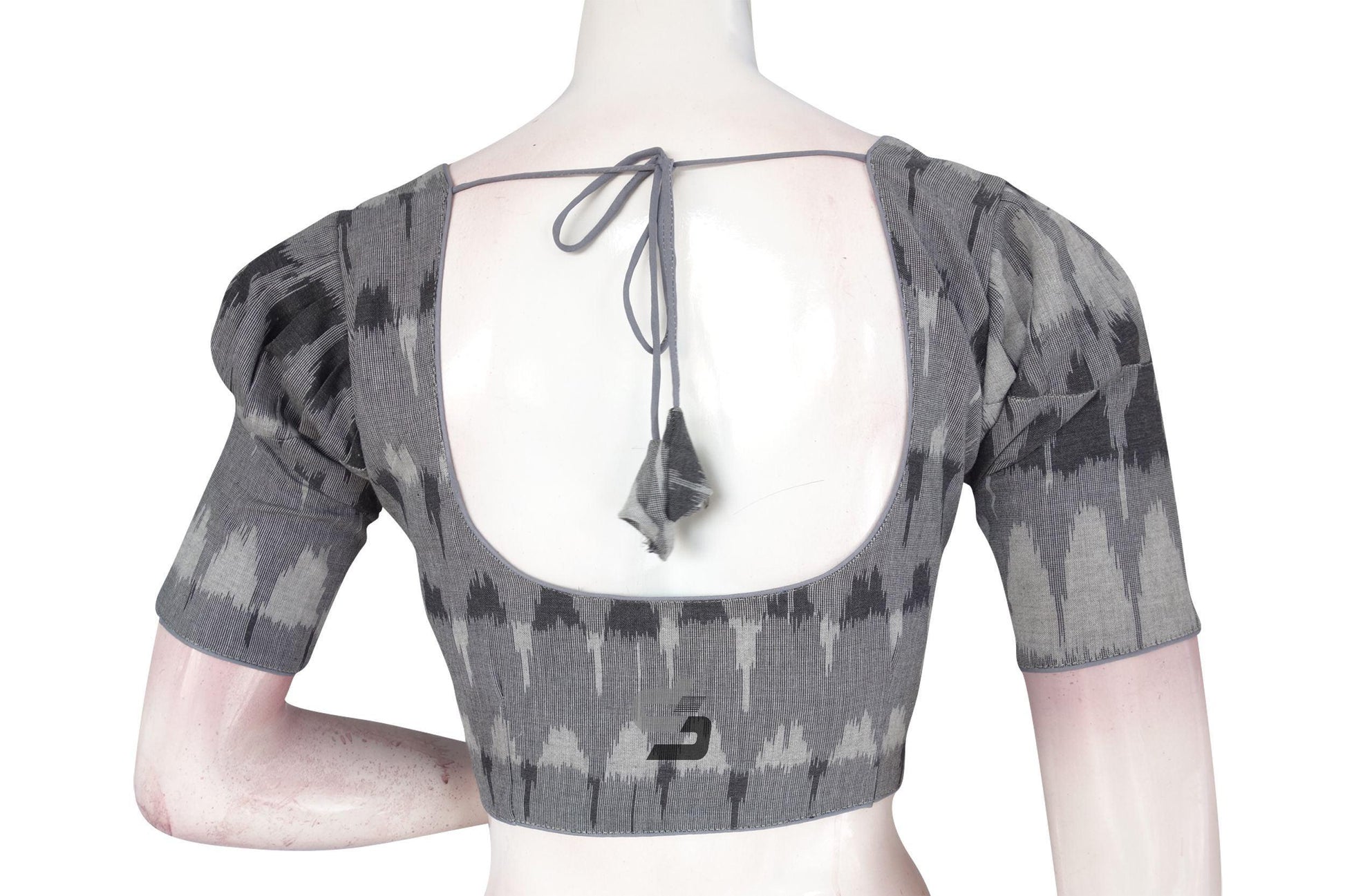 Elegance Defined, Grey Ikkat Cotton Designer Blouse with Puff Sleeves - D3blouses