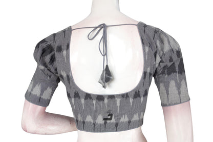 Elegance Defined, Grey Ikkat Cotton Designer Blouse with Puff Sleeves - D3blouses