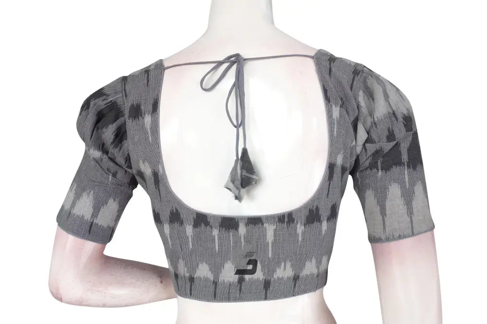 Elegance Defined, Grey Ikkat Cotton Designer Blouse with Puff Sleeves - D3blouses