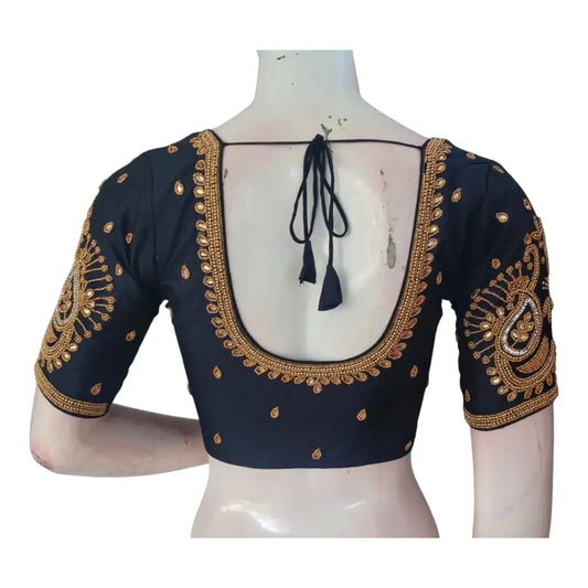 Elegant Black Color Aari Handwork Wedding Silk Saree Blouse - D3blouses