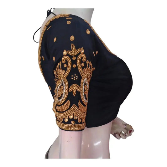 Elegant Black Color Aari Handwork Wedding Silk Saree Blouse - D3blouses