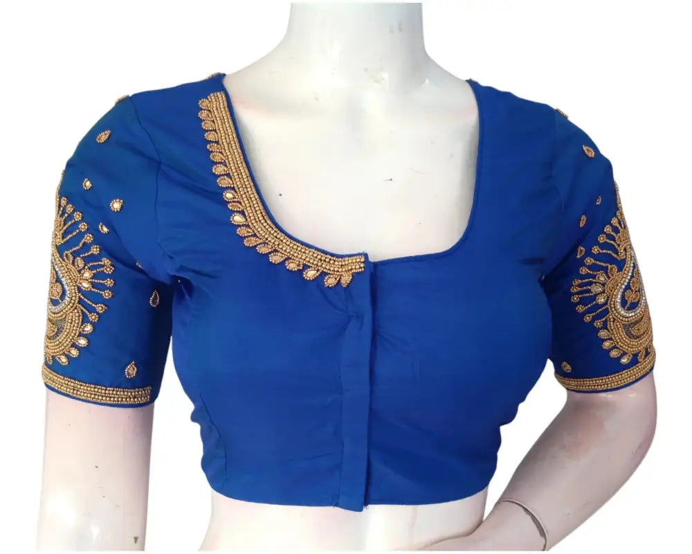 Elegant Blue Aari Handwork Wedding Silk Saree Ready made Blouse - D3blouses