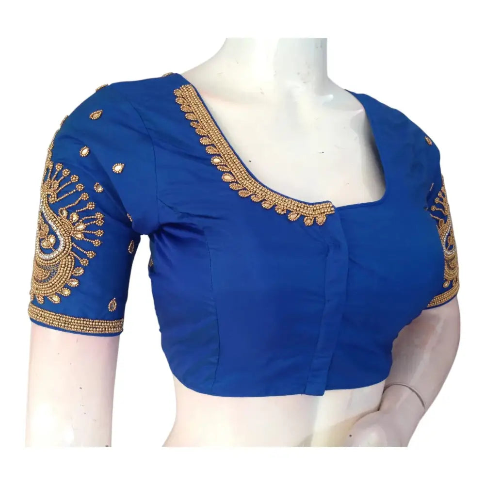 Elegant Blue Aari Handwork Wedding Silk Saree Ready made Blouse - D3blouses