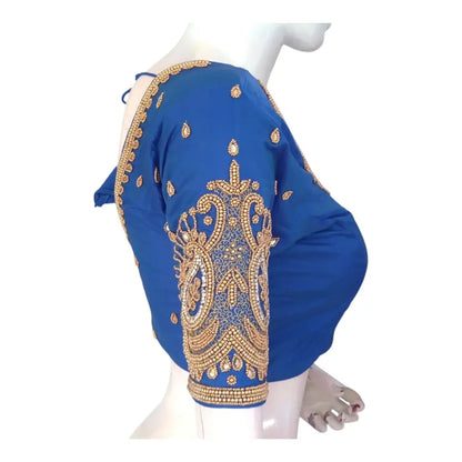 Elegant Blue Aari Handwork Wedding Silk Saree Ready made Blouse - D3blouses