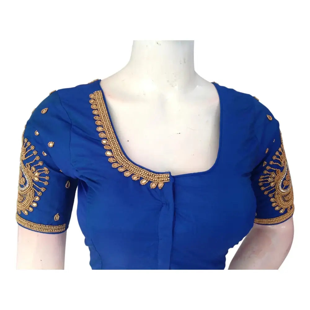 Elegant Blue Aari Handwork Wedding Silk Saree Ready made Blouse - D3blouses
