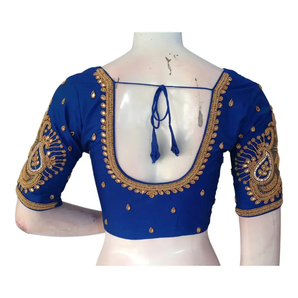Elegant Blue Aari Handwork Wedding Silk Saree Ready made Blouse - D3blouses