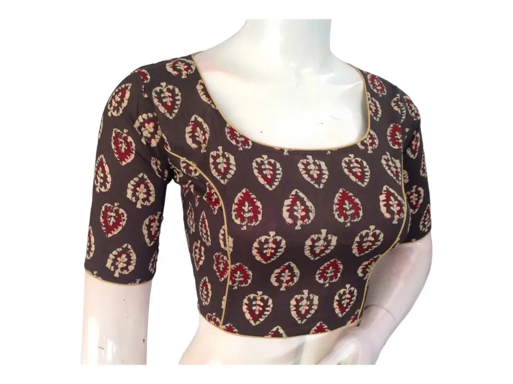 Elegant Brown High Neck Saree Blouse | Ready made | Exquisite Indian Craftsmanship - D3blouses