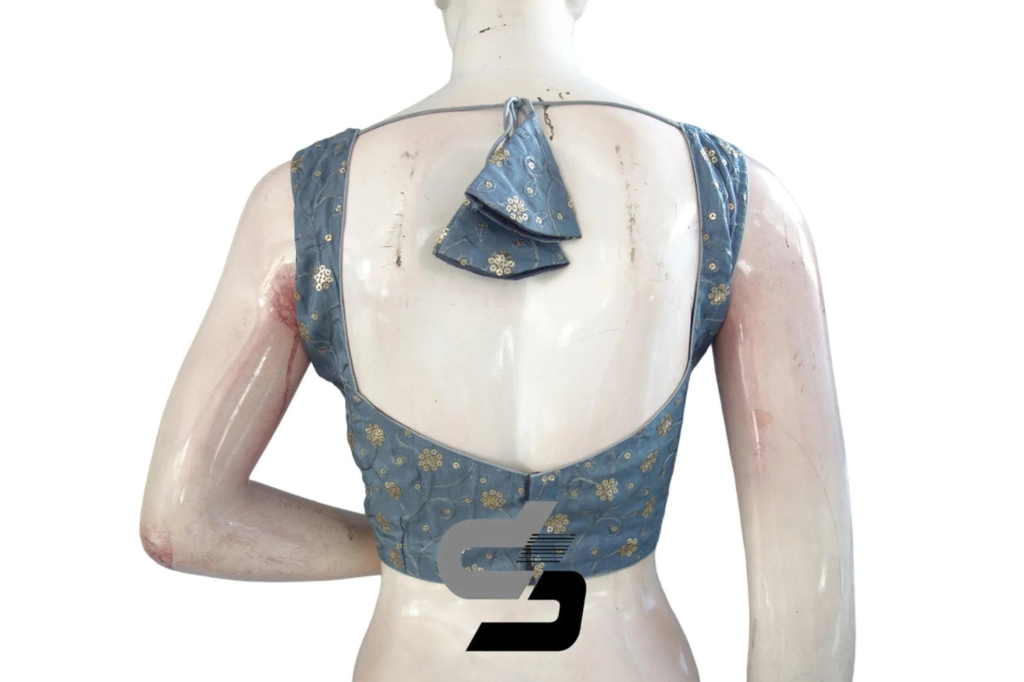 Elegant Embellishments: Grey Designer Sequin Embroidered Readymade Blouse with Mobile Pouch - D3blouses