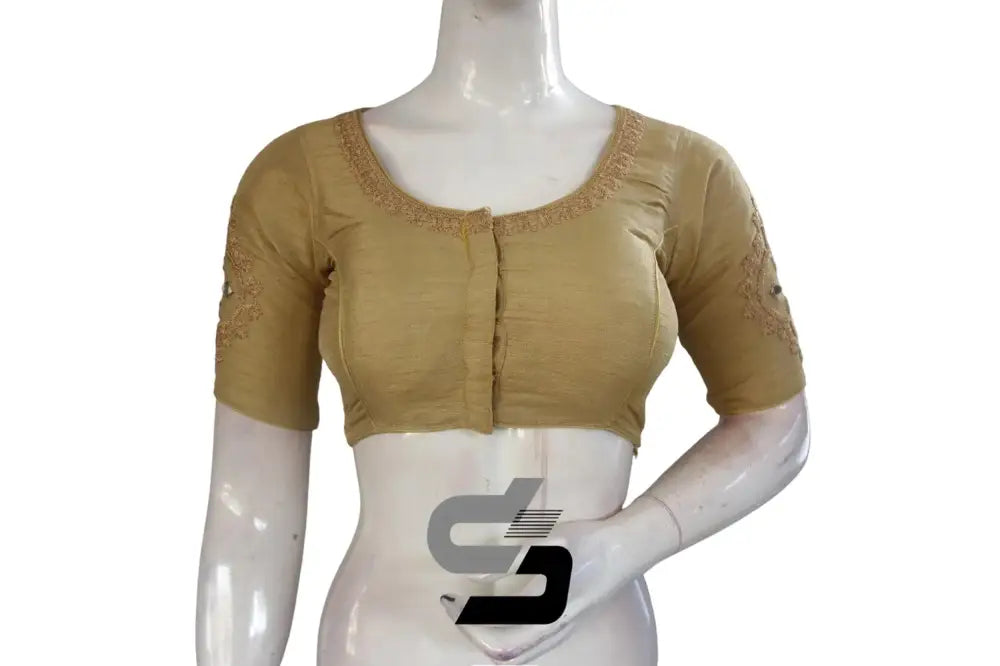 Elegant Gold High Neck Embroidered Saree Blouses - Regal Glamour - D3blouses